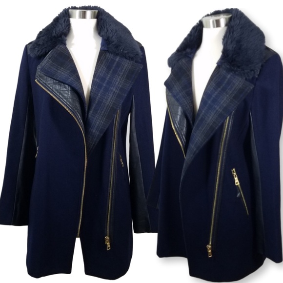 Sam Edelman Jackets & Blazers - Sam Edelman Navy Plaid Moto Faux Fur Winter Coat S